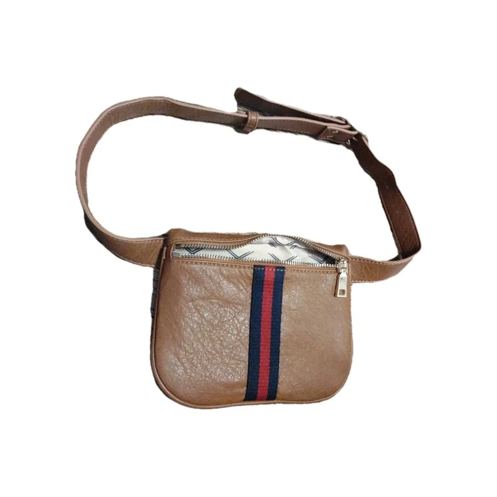 Moda Luxe Tan Vegan Leather Belt Bag Varsity Stripe Fanny Pack -NWOT